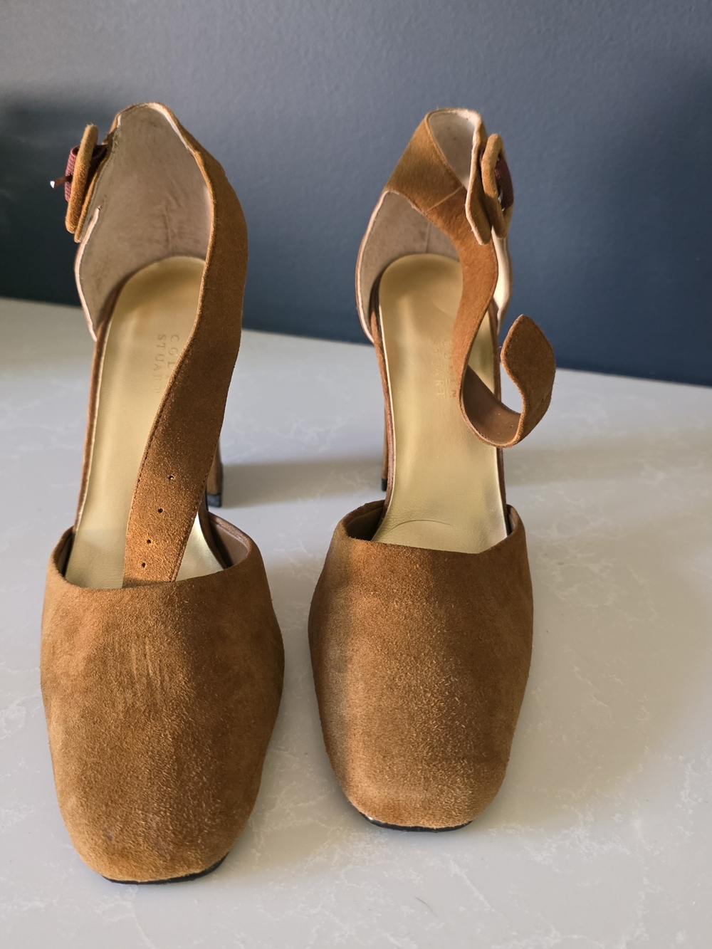 Colin Stuart Tan Suede Ankle-Strap Heels